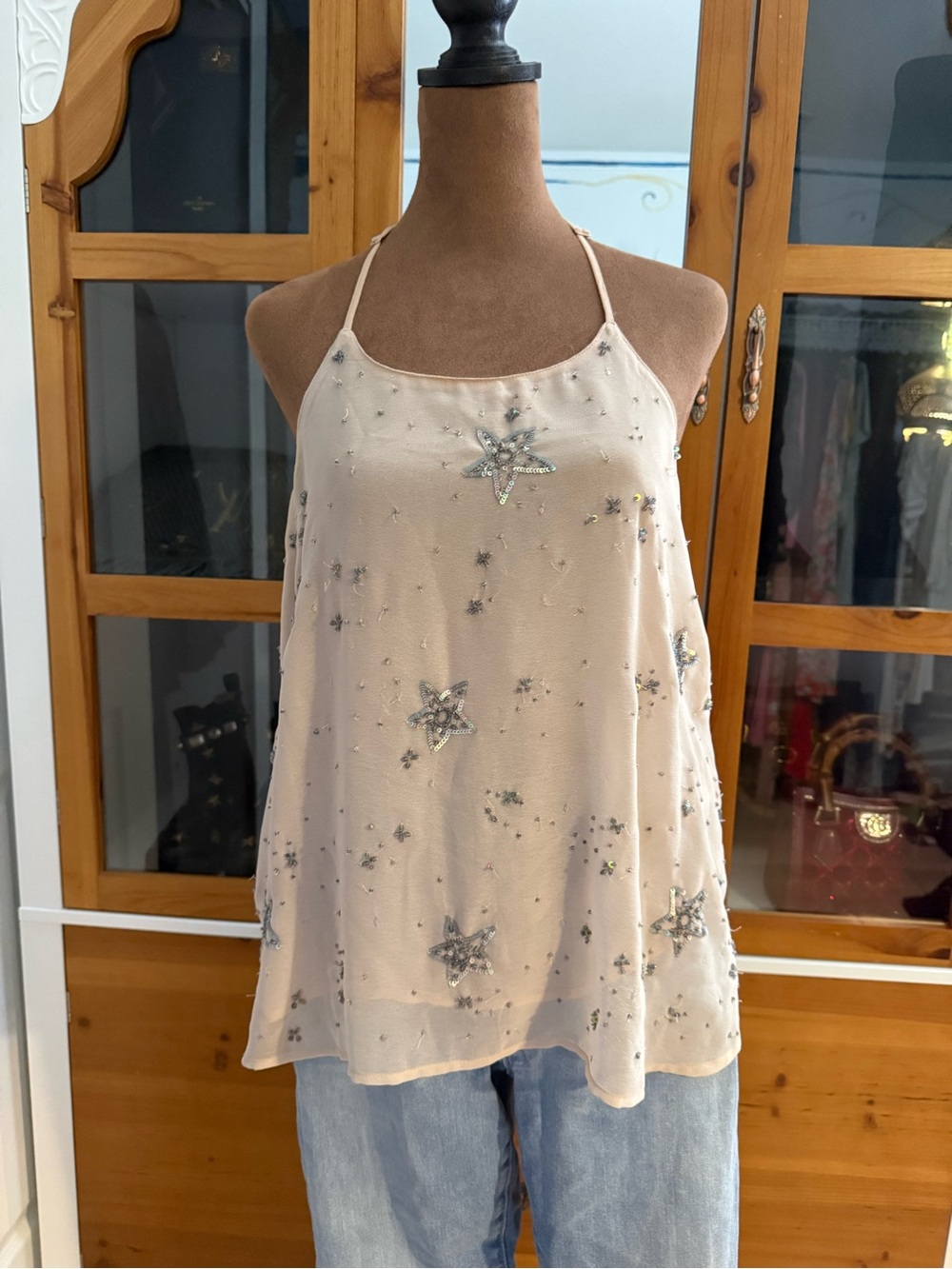 Free People Beaded Star Halter Cami in Light Cream